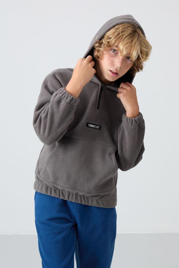 Koyu Gri Kalın Yumuşak Dokulu Standart Fit Nakışlı Polar Erkek Çocuk Sweatshirt - 11230 - Image 1