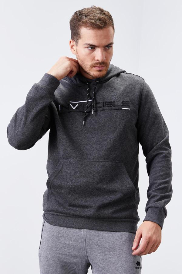 Antrasit Melanj Kanguru Cep Standart Kalıp Kapüşonlu Erkek Sweatshirt - 87883 - Image 1