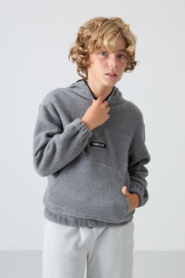 Gri Melanj Kalın Yumuşak Dokulu Standart Fit Nakışlı Polar Erkek Çocuk Sweatshirt - 11230 - Image 1