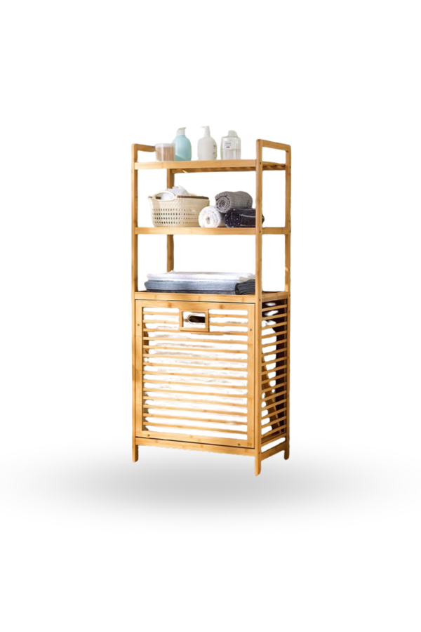 Büro Ev Ofis Dekoru için 40X30X130CM 3 Raflı Kumaş Hazneli Ahşap Kirli Çamaşır Sepeti - Image 1