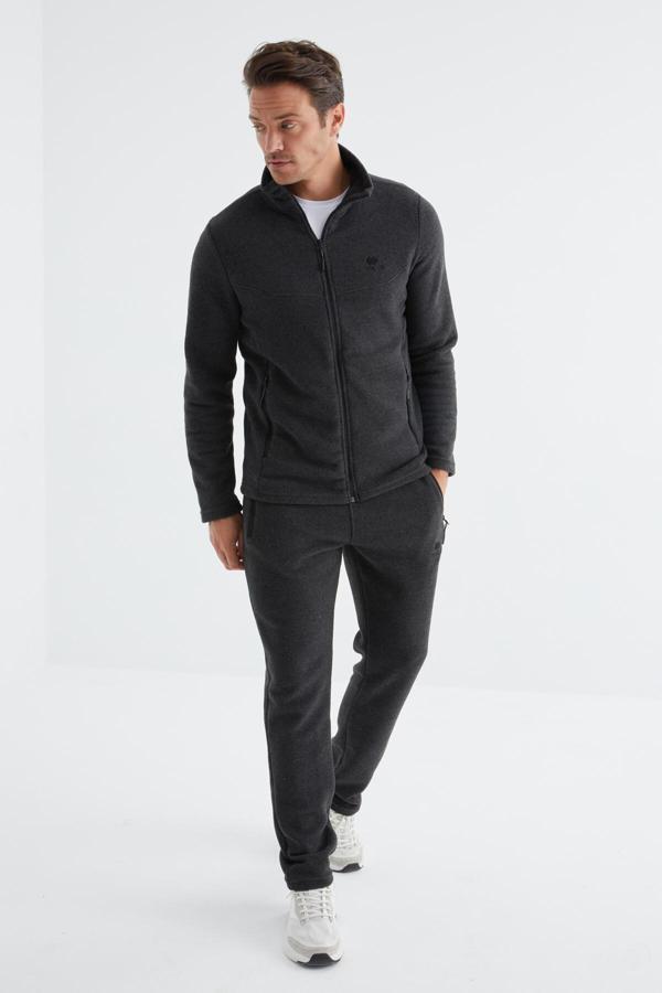 Antrasit Melanj Dik Yaka Basic Fermuar Cepli Standart Kalıp Erkek Polar Eşofman Takımı - 85193 - Image 1