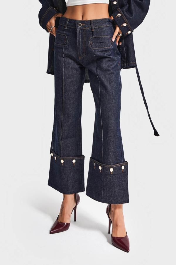 Kadın İndigo Renk 7w5-50 Crop Straight Fit Paça Detaylı Tasarım Denim Jean - Image 1