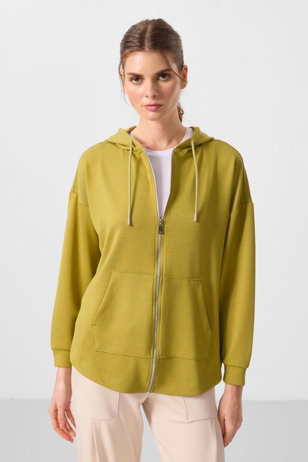 Koyu Hardal Yumuşak Dokulu Kapüşonlu Oversize Kadın Tunik Sweatshirt - 97302 - Image 1