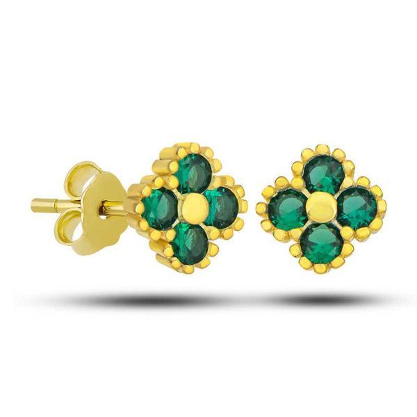 BlackCraft Gümüş Gold Yonca Çivili Yeşil Taşlı Çocuk Küpe (BC-17DBD3) - Image 1