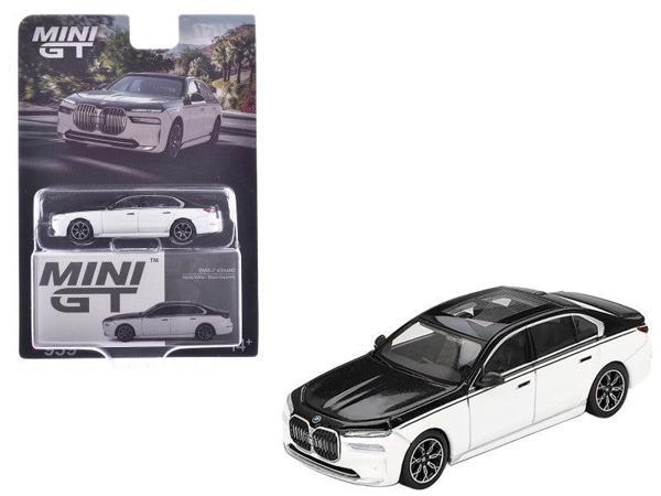 Mini GT 1:64 BMW i7 eDrive50 Aventurin White Black Sapphire Diecast Model Araba Blister Paket - Image 1