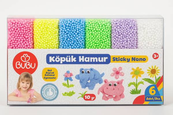Bubu Köpük Hamur Sticky Nano 6x10 gr Kurumayan Renkli Oyun Hamuru Seti – 6 Renk - Image 1