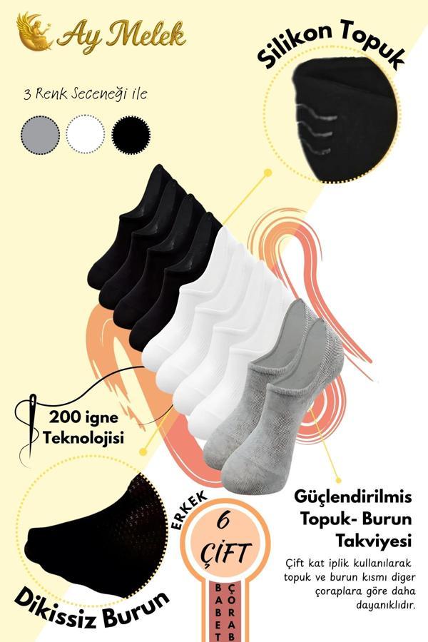 Aymelek Erkek Çorap (6 Çift) Silikon Topuk Kaymayan Burun Dikişsiz Kaliteli Babet Çorap - Image 1
