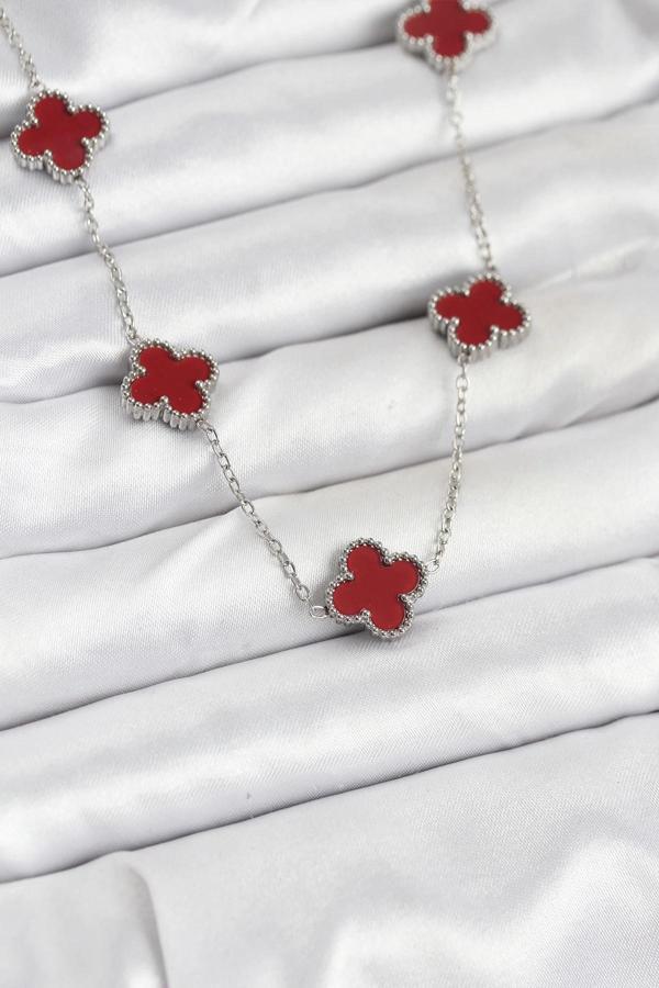 316L Çelik Zincir Gümüş Renk Bordo Renk Yonca Kadın Kolye - Image 1