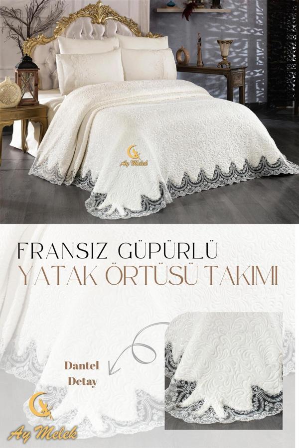 Aymelek Çift Kişilik Çeyizlik İncili Fransız Güpürlü Battaniyeli Yatak Örtüsü Takımı - Image 1