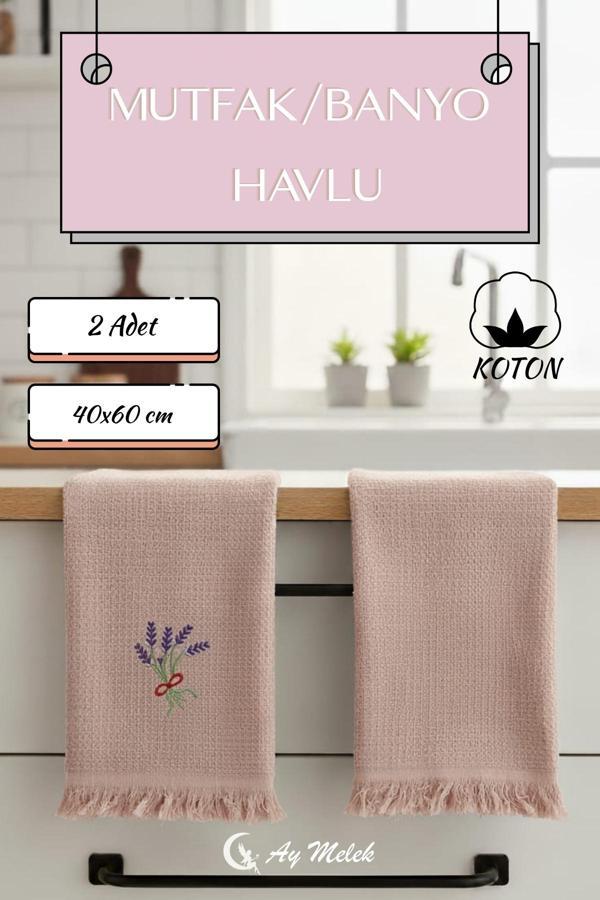 Aymelek Mutfak Ve Banyo Havlusu 2`Li %100 Pamuklu Nakışlı El Havlusu - Image 1