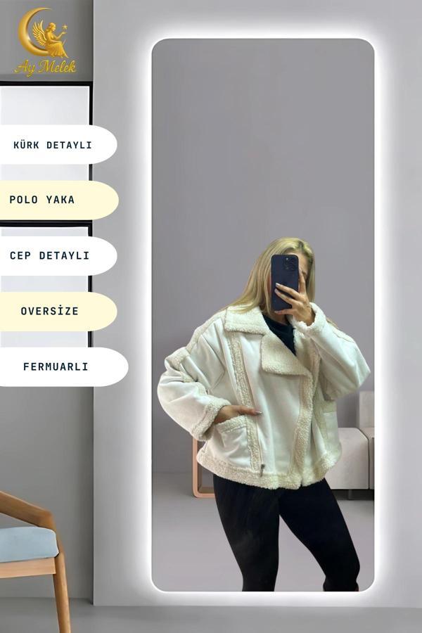Aymelek Kadın İçi Peluşlu Kürk Detaylı Fermuarlı Cepli Süet Oversize Mont - Image 1