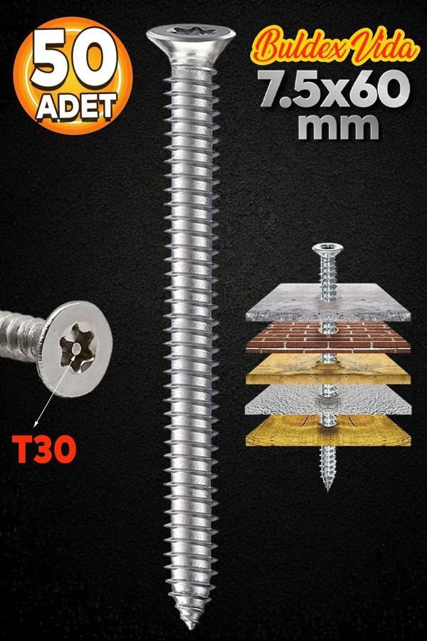 Brati Hand Tools Buldex Vida 7.5X60 Mm 50 Adet Sivri Uçlu Dübelsiz Beton Vidası Tork Duvar Vidası Buldeks - Image 1