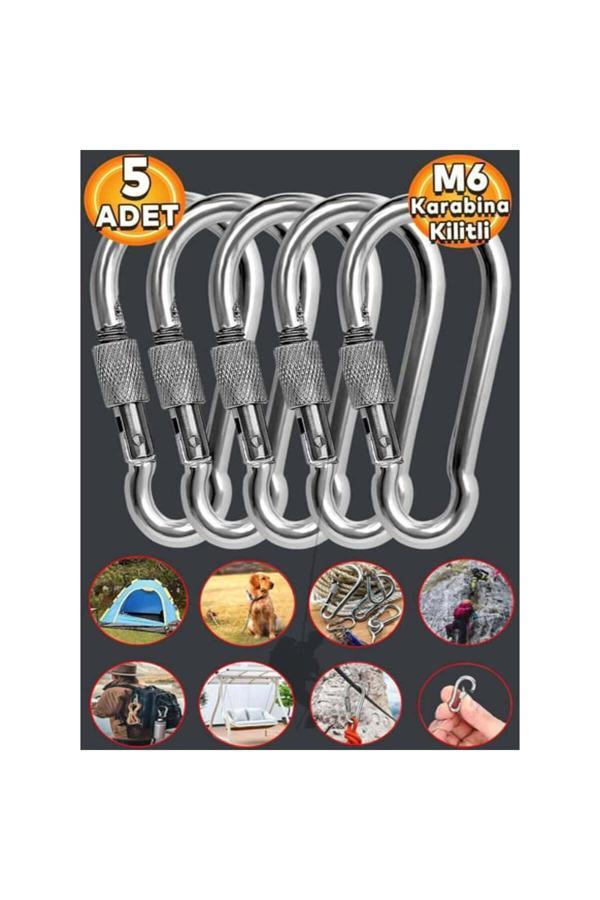 Brati Hand Tools Karabina Kilitli 6 Mm Yaylı Kanca Çelik Kilit Tırmanma Olta Kamp Ekipmanları Hamak Askı 5 Adet - Image 1