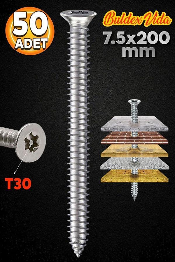 Brati Hand Tools Buldex Vida 7.5X200 Mm 50 Adet Sivri Uçlu Dübelsiz Beton Vidası Tork Duvar Vidası Buldeks - Image 1