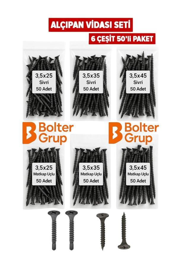 Brati Hand Tools Alçıpan Vida Seti – 3,5 Mm Çap / 25-35-45 Mm Boy – 6 Çeşit – Toplam 300 Adet - Image 1