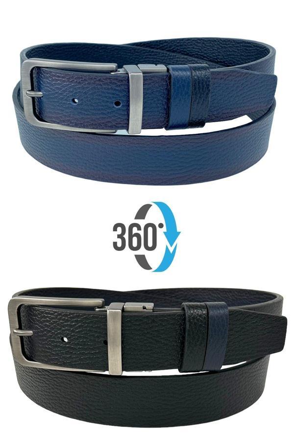 Çift Taraflı Hakiki Deri 3.5 cm.lik Klasik Dönerli Tokalı Kemer Lacivert/Siyah - XD-300-805-ST - Image 1