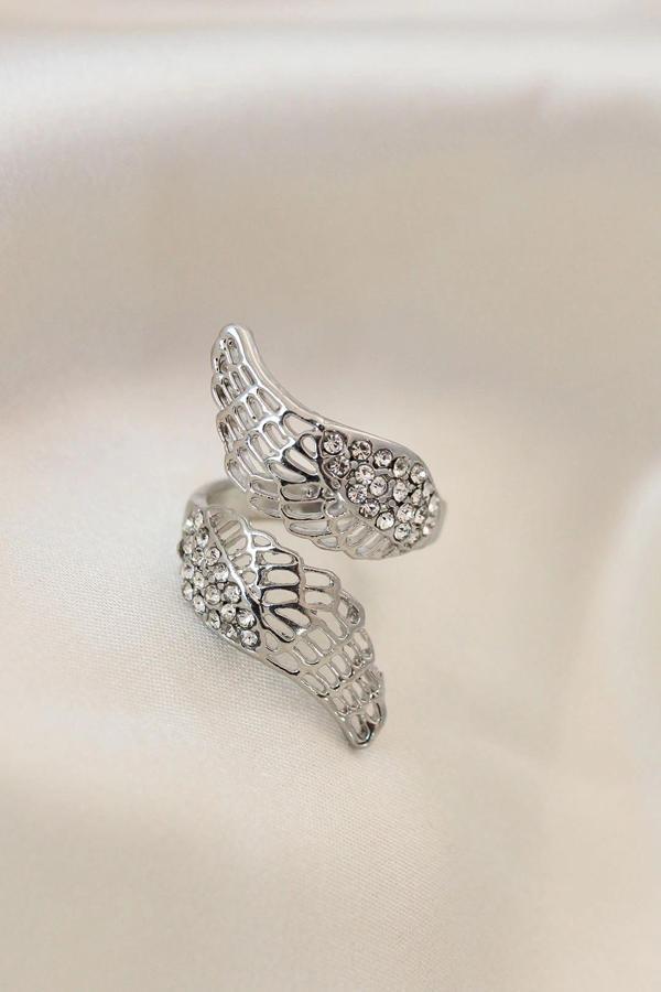 Ayarlamalı Silver Renk Metal Zirkon Taşlı Kanat Yüzük - Image 1