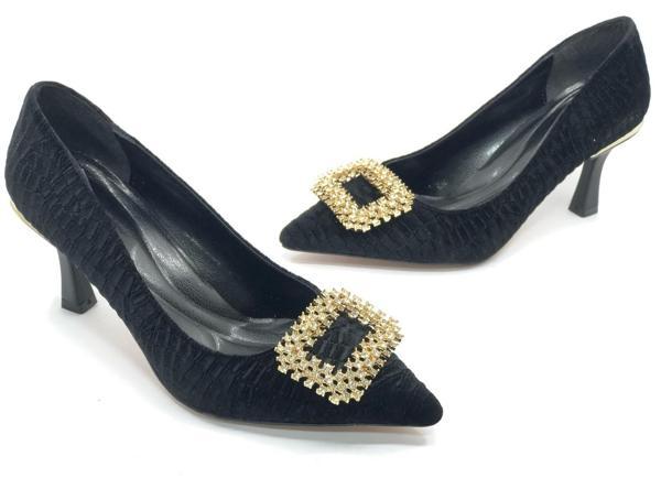 Feles Kadife Taş Toka Detaylı Stiletto Kadın Topuklu Ayakkabı - Image 1