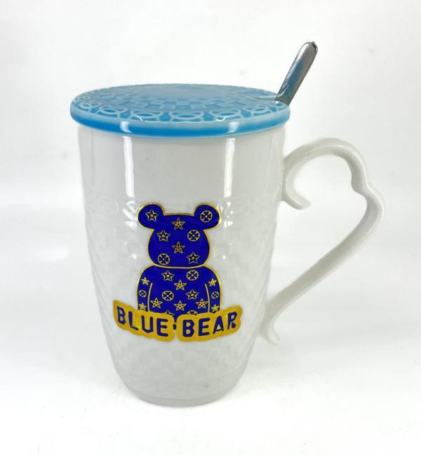 Porselen Kapaklı Mavi Ayıcık Desenli Porselen Kupa Bardak Beyaz - Image 1