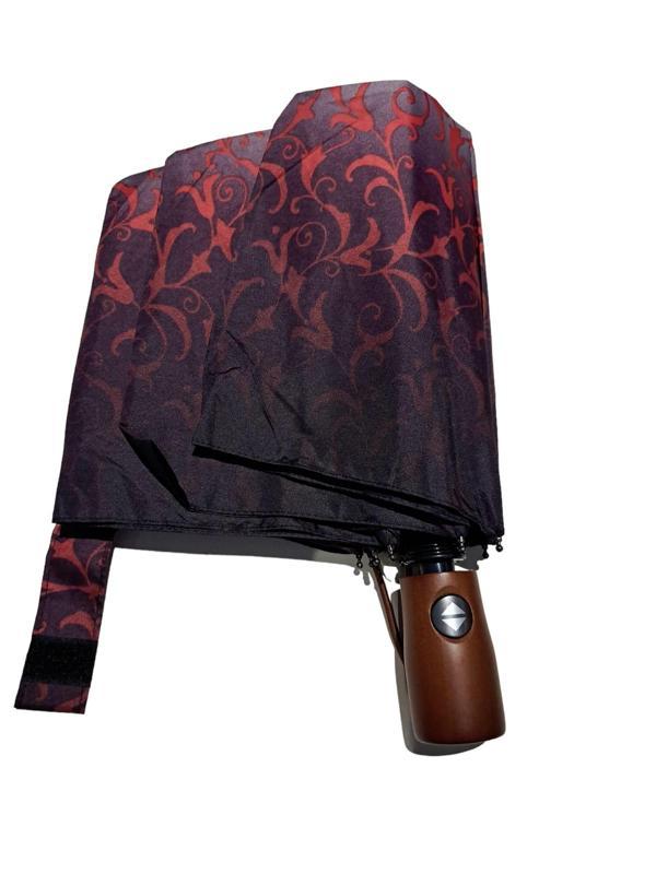 Ahşap Sap Ful Otomatik 10 Telli  Lüx Kadın Şemsiyesi Kırmızı Çiçek Desnli - Image 1