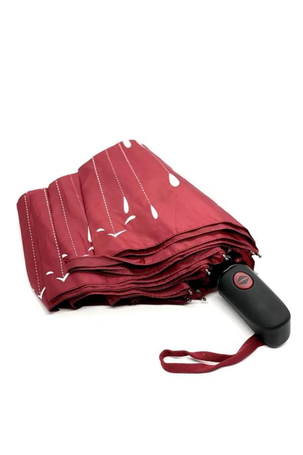 Yağmur Damlası Desenli Tam Otomatik Lux Kadın Şemsiyesi Bordo - Image 1