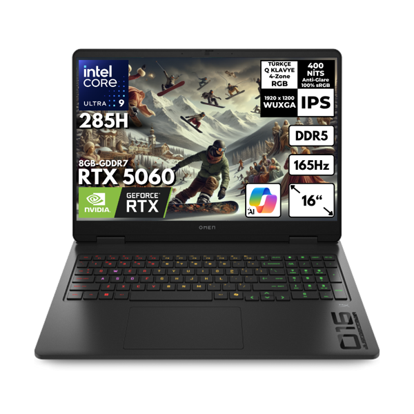HP OMEN Ultra 9-285H 64-GBDDR5 1 TBSSD RTX5060 (8GB) 16" WUXGA 165Hz Windows 10 Pro + HMF Sırt Çantası BQ3Z2EAHMF38 - Image 1