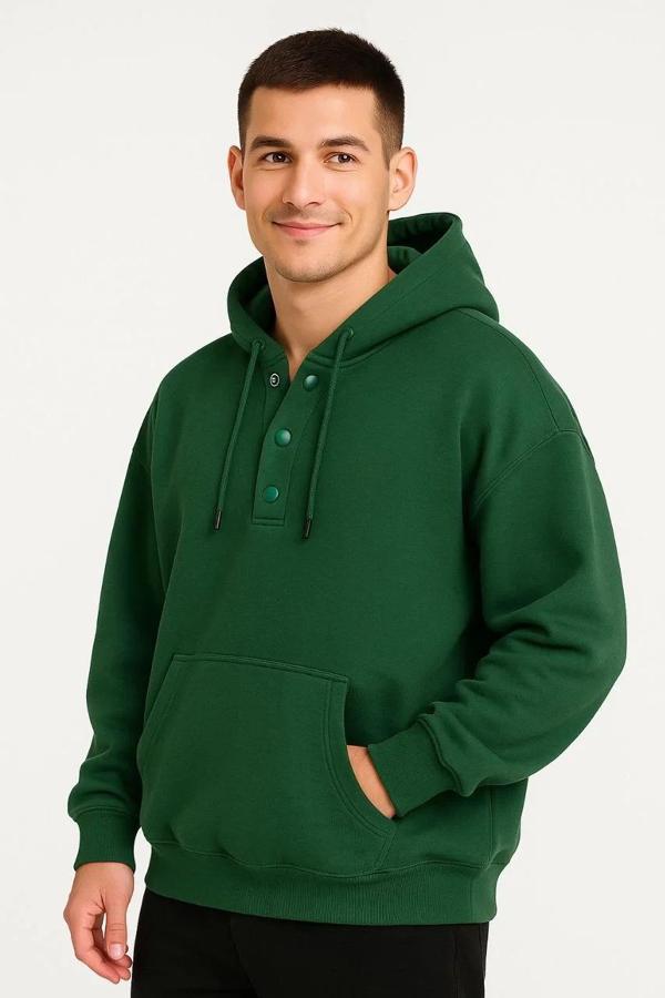 Erkek Ovarsize Kapüşonlu Swetshirt Kanguru Çepli Cıtcıtlı 3 iplik Şardonlu Hoodie - Haki - Image 1