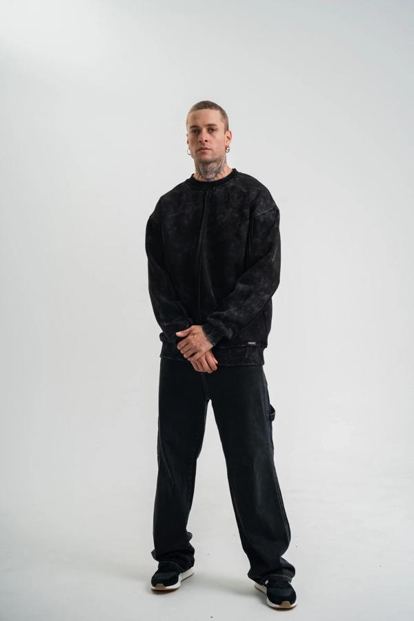 Unisex Bisiklet Yaka Özel Pis Dikişli Yıkamalı SweatShirt - Siyah - Image 1