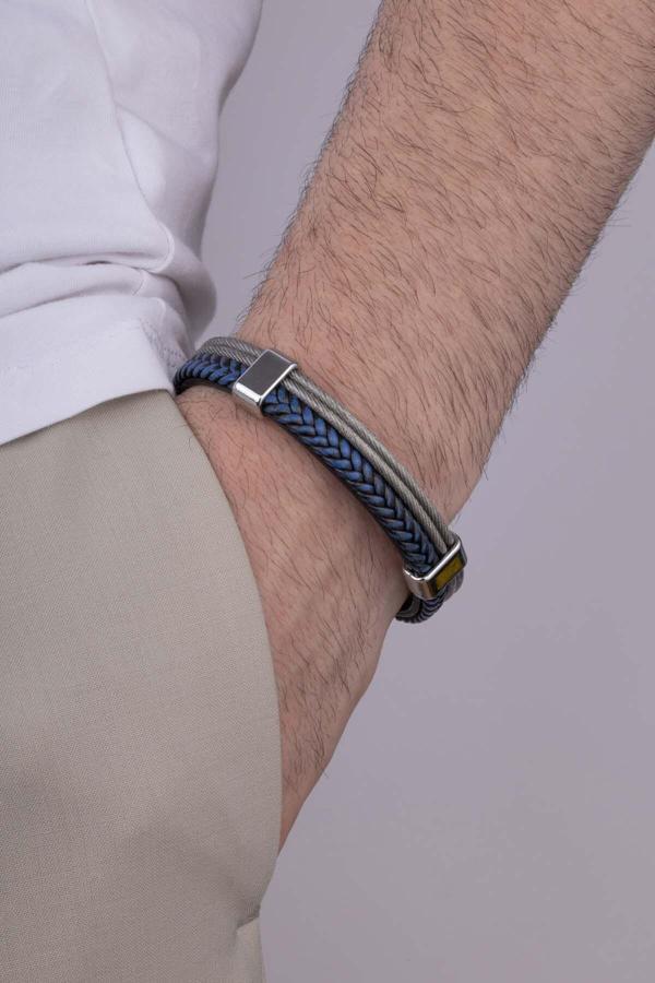 Gümüş Pazarım Lacivert Örgü Gri Detaylı Çift Renk Erkek Deri Bileklik - Image 1