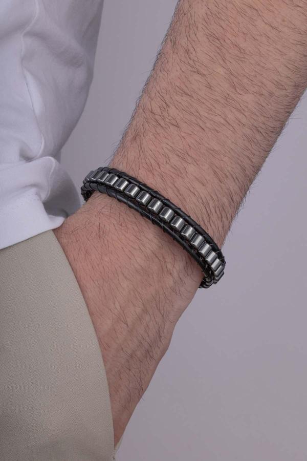 Gümüş Pazarım Silindir Kesim Hematit Taşlı Deri Geçişli Erkek Doğal Taş Bileklik - Image 1