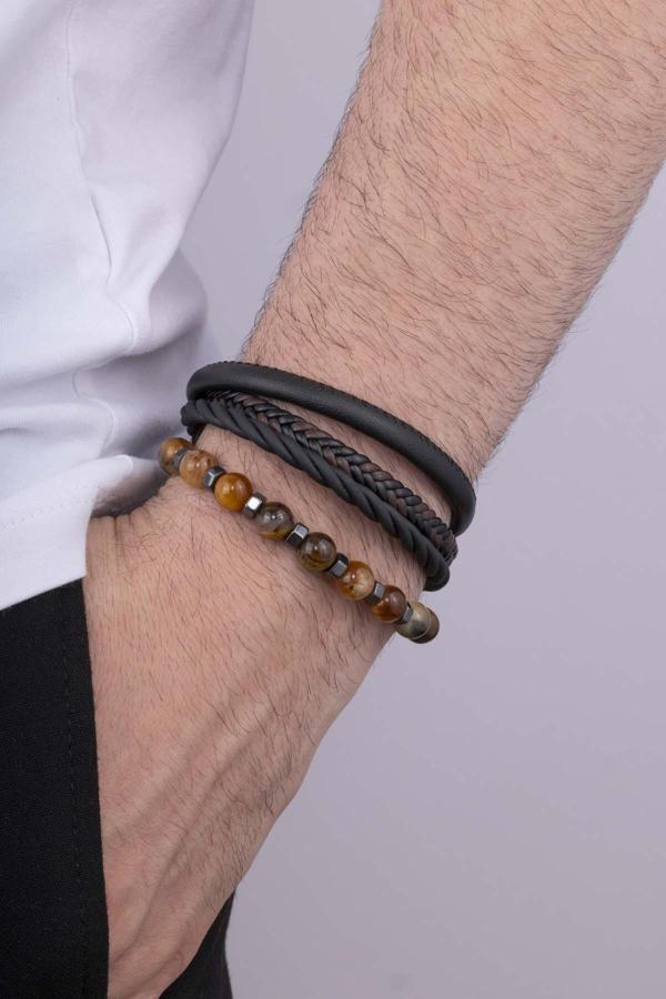 Gümüş Pazarım Akik Taşlı Doğal Taş Bileklik 3 Parçalı Erkek Deri Bileklik Kombini - Image 1