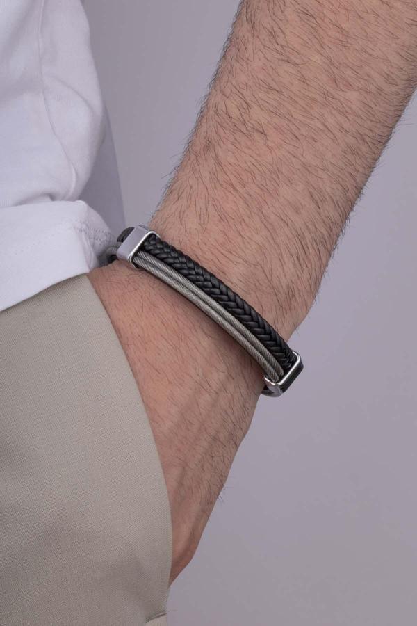 Gümüş Pazarım Çİft Sıra Örgü Model Erkek Deri Bileklik - Image 1
