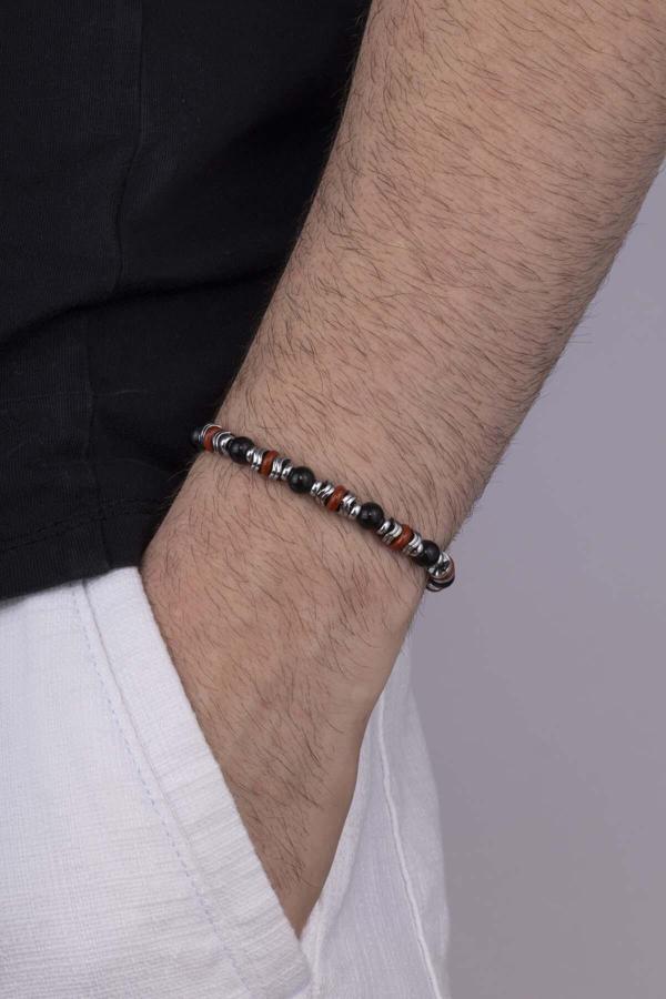 Gümüş Pazarım Hematit Geçişli Oniks Taşlı 3 Renk Doğal Taş Erkek Bileklik - Image 1