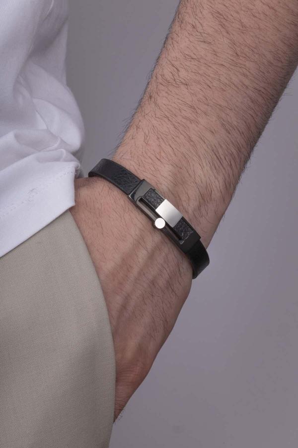 Gümüş Pazarım Çelik Aparatlı Çift Renk Klasik Model Erkek Deri Bileklik - Image 1