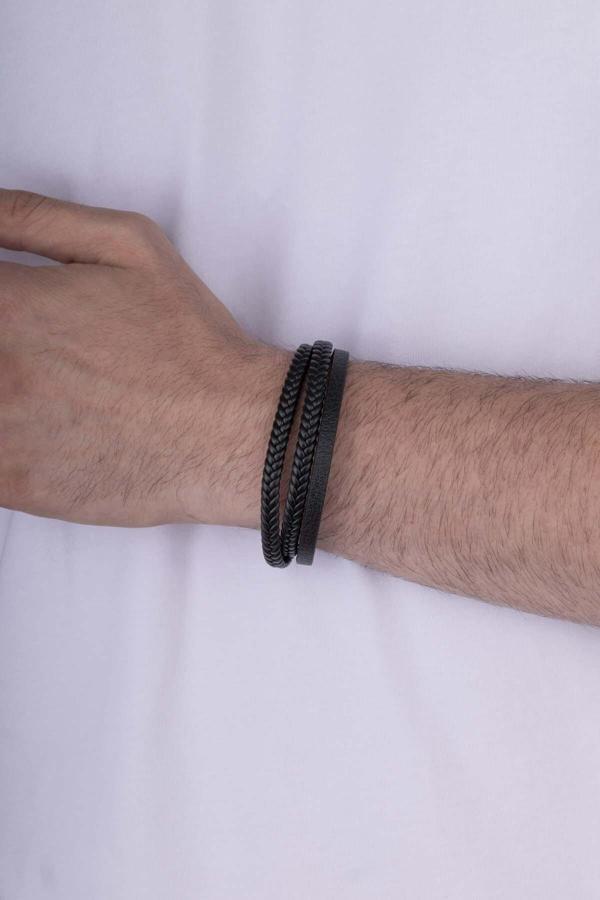 Gümüş Pazarım Örgü Model 3 Parçalı Siyah Erkek Deri Bileklik - Image 1