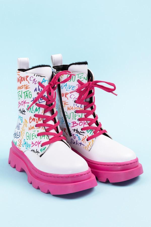 Beyaz Pembe Renkli Yazılı Fermuarlı Bağcıklı Lüks Kız Çocuk Botu - Image 1