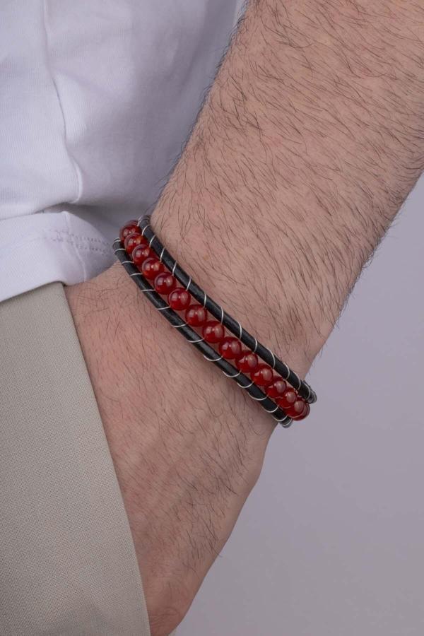 Gümüş Pazarım Kırmızı Akik Taşlı Deri Geçişli Erkek Doğal Taş Bileklik - Image 1