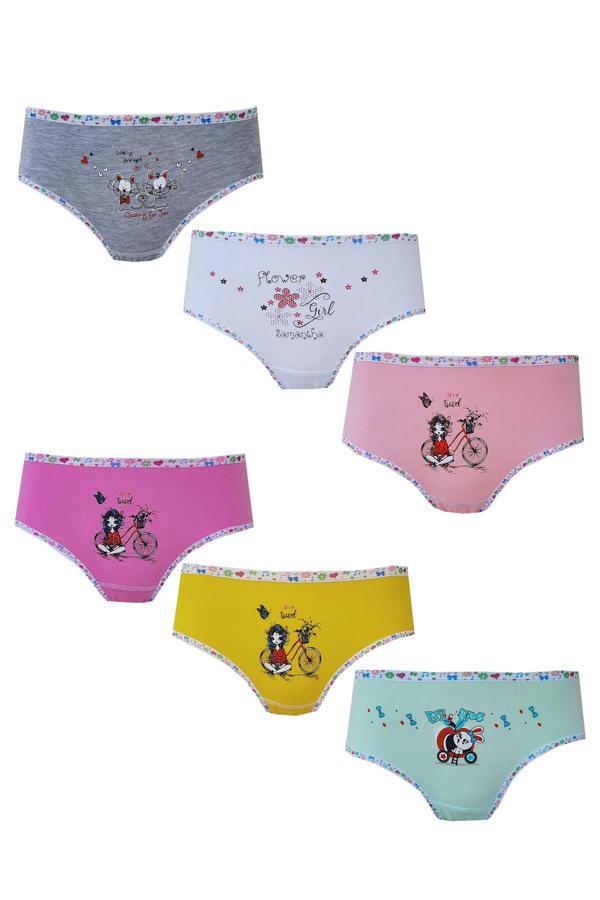 Tutku İç Giyim 6lı Kız Çocuk Baskılı Renkli Külot Likralı Slip - Image 1