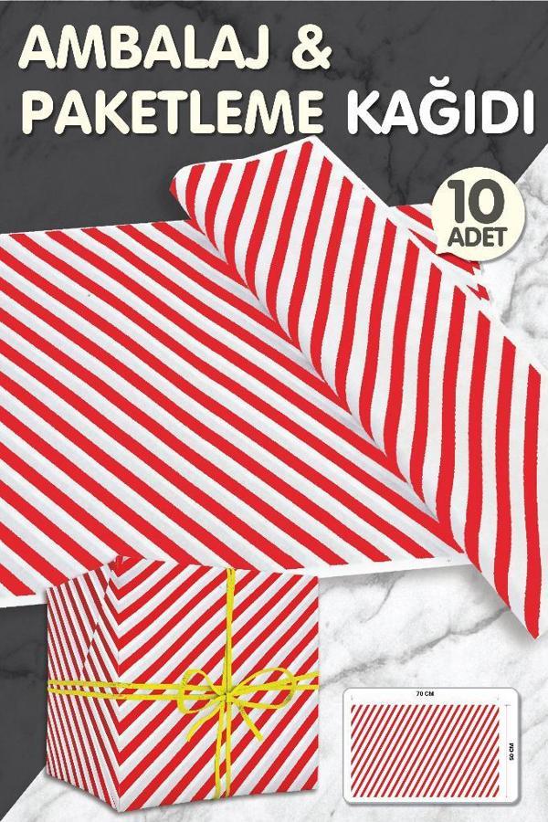 Kırmızı Beyaz Verev Çizgili Hediye Paketi, Yılbaşı Paketleme Kağıdı, Ambalaj 50x70 Cm 10 Adet-T356 - Image 1