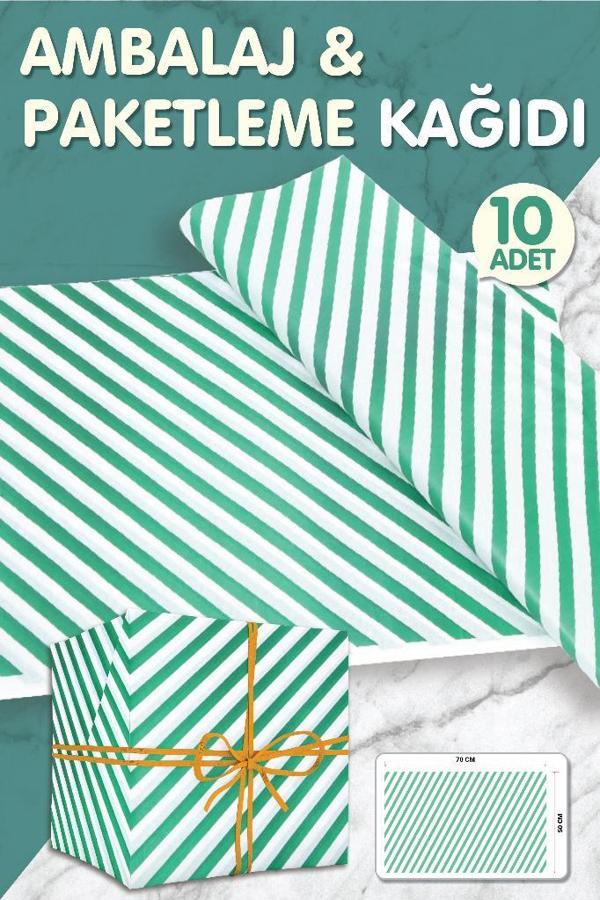 Yeşil Beyaz Verev Çizgili Hediye Paketi, Yılbaşı Paketleme Kağıdı, Ambalaj 50x70 Cm 10 Adet-T357 - Image 1