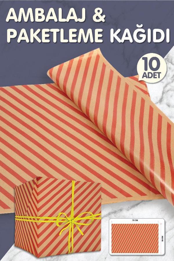 Kırmızı Kraft Verev Çizgili Hediye Paketi, Yılbaşı Paketleme Kağıdı, Ambalaj 50x70 Cm 10 Adet-T358 - Image 1