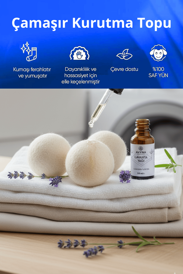 Reyo 3'lü Çamaşır Yün Kurutma Topu + %100 Saf Lavanta Esansı Hediye - Image 1