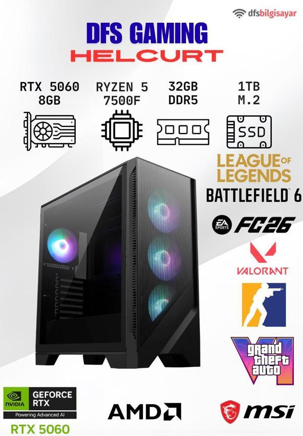 DFS GAMING HELCURT RYZEN 5 7500F-B650M-RTX 5060-32GB DDR5 RAM-1TB M.2 SSD-OYUNCU BİLGİSAYARI - Image 1