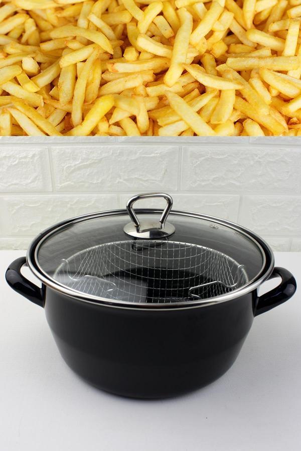 Kalın Emaye Kızartma Tenceresi Fritöz 22cm Cam Kapaklı - Image 1