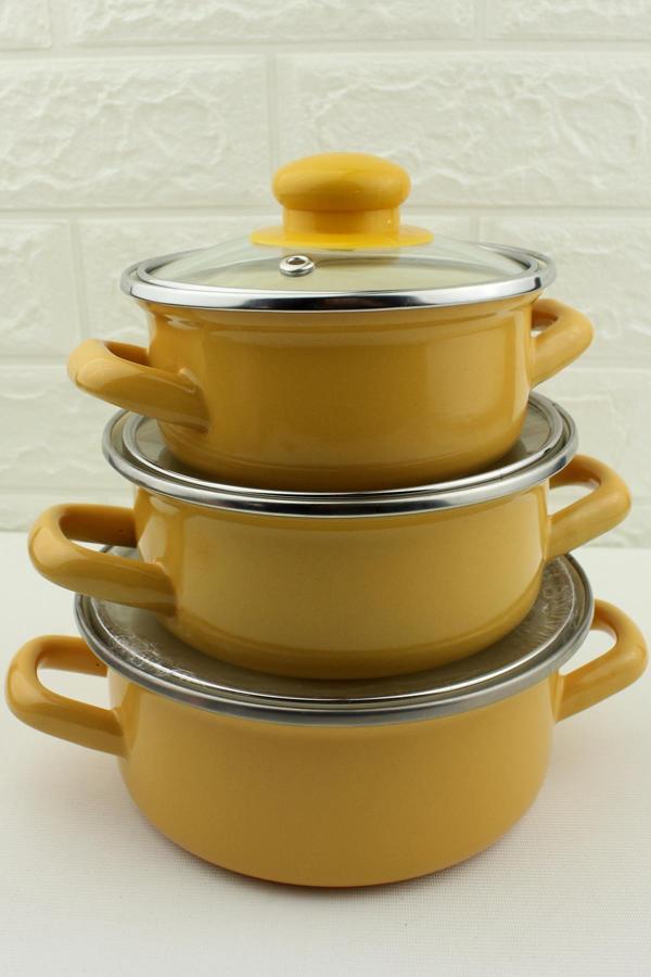 3 lü Lüks Emaye Mini Tencere Seti Sarı 12/14/16cm  - Image 1