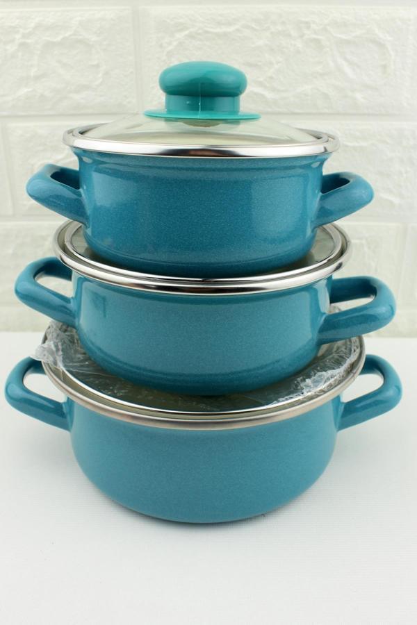3 lü Lüks Emaye Mini Tencere Seti Turkuaz 12/14/16cm  - Image 1