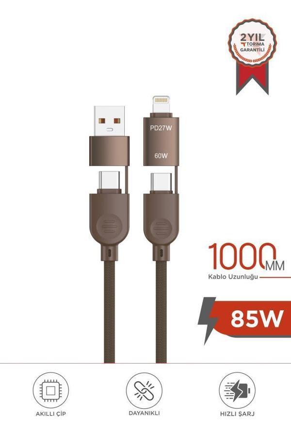 Torima U17 Kahverengi 4-in-1, Type-C To Type-C And Ligthning -USB Çoklu Değiştirilebilir Başlıklı 100cm - 85w Hızlı Şarj - Image 1