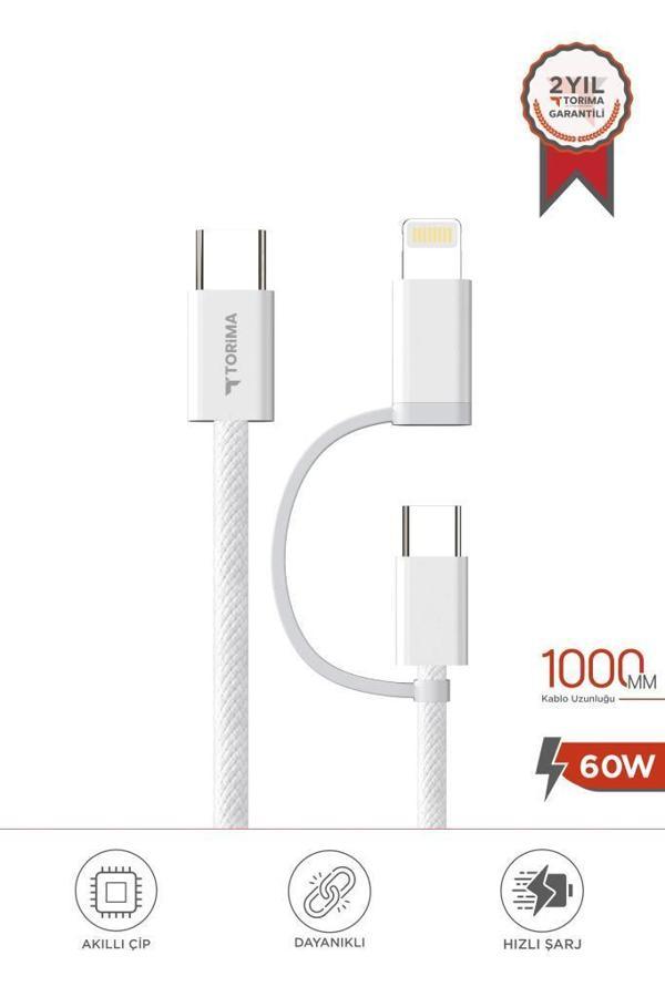 Torima U16 Beyaz 2-in-1, Type-C To Type-C And Ligthning  100cm - 65w Hızlı Şarj Ve Data Kablosu - Image 1