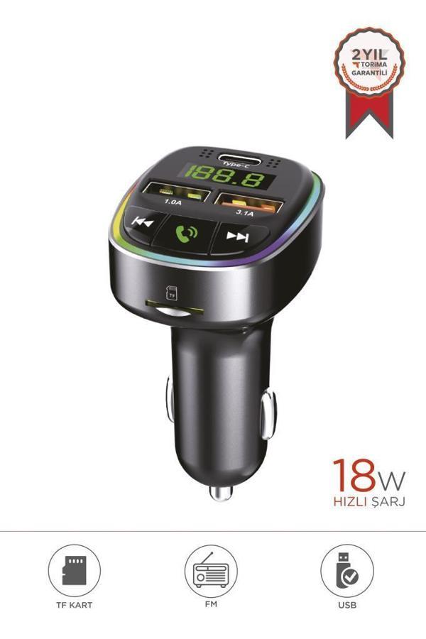 TORİMA G17 Siyah 18W Hızlı Şarjlı Bluetooth Transmitter Araç Şarj Cihazı – USB, TF Kart, FM, Mikrofon Destekli - Image 1