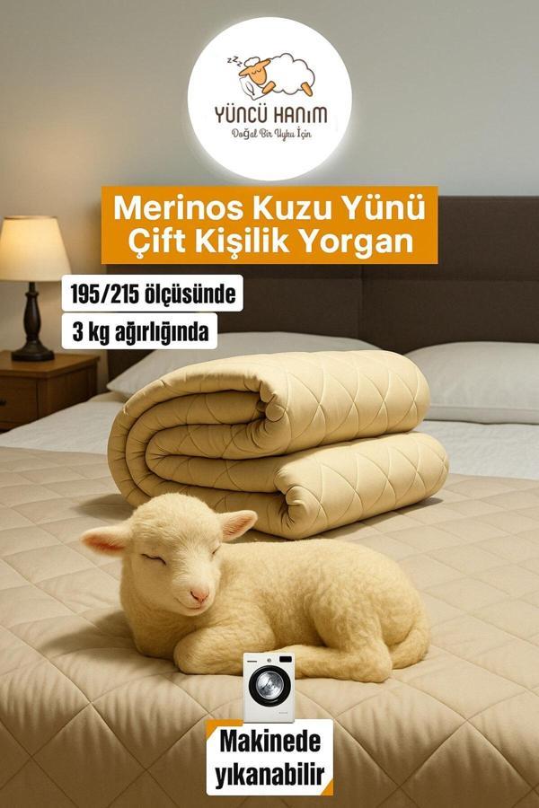  Çift Kişilik Merinos Kuzu Yünü Yorgan (%100 DOĞAL MERİNOS KUZU YÜNÜ) 195 X 215 Cm Ebat - Image 1